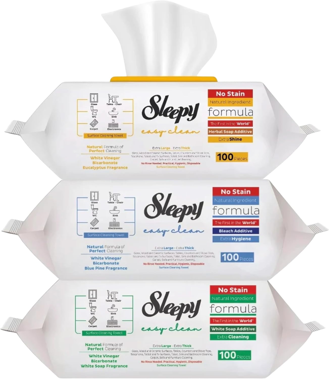 Sleepy Easy Clean Pack Value - صابون سفید، صابون گیاهی، سفید کننده، 300 دستمال مرطوب برای هر سطح