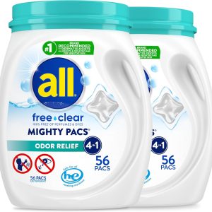 تمام مواد شوینده لباسشویی Mighty Pacs، از بین برنده بو رایگان، وان، 56 تعداد، بسته 2، 112 بار کل