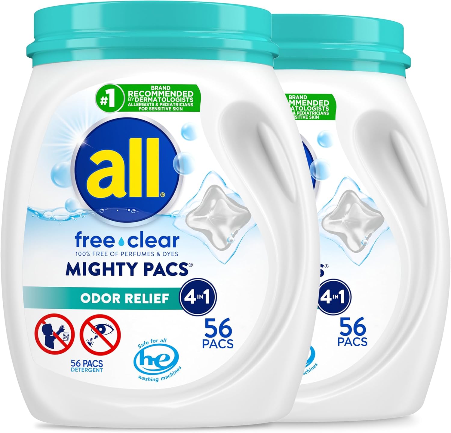 تمام مواد شوینده لباسشویی Mighty Pacs، از بین برنده بو رایگان، وان، 56 تعداد، بسته 2، 112 بار کل