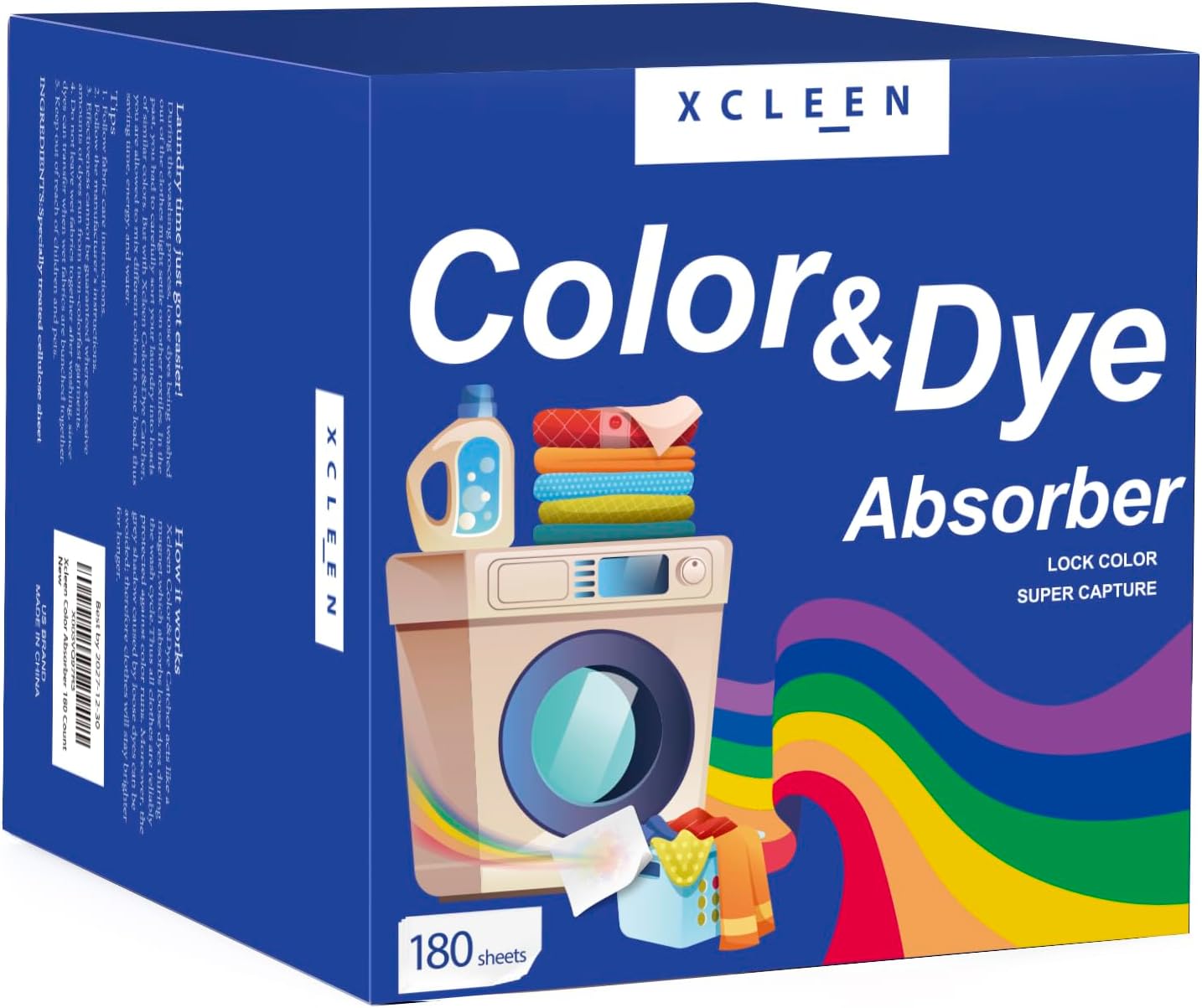 جاذب رنگ Xcleen برای لباسشویی 180، ملحفه های لباسشویی بدون رنگ گیر، جلوگیری از لکه دار شدن لباس ها، ملحفه های رنگی برای آپارتمان خانه یا مدرسه