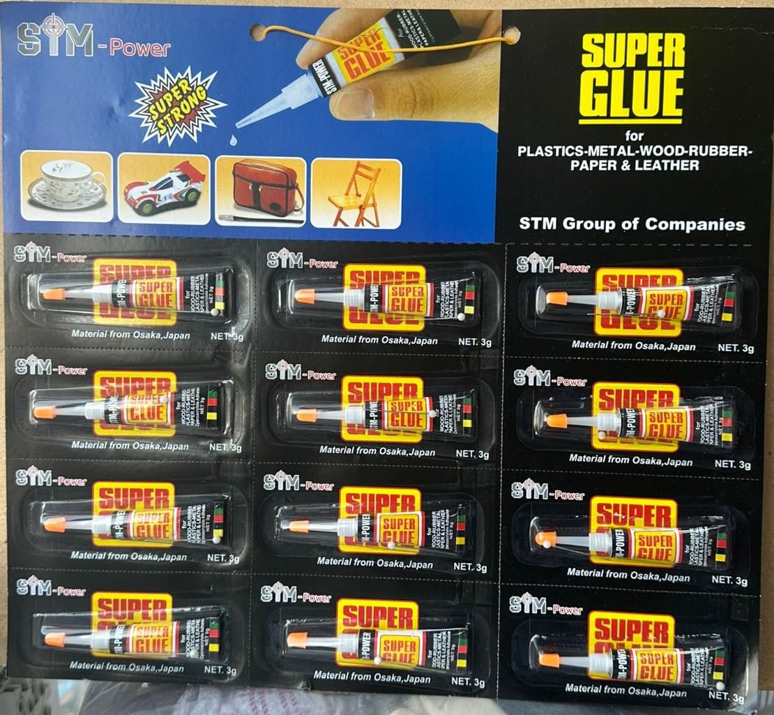 Super Glue 3g x12 Tubes Super Glue فوق العاده قوی، چسب چند سطحی برای پلاستیک، فلز، شیشه، سرامیک، خشک شدن سریع