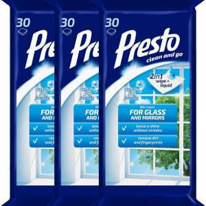 دستمال مرطوب شیشه ای Presto | درخشش بدون رگه | 90 دستمال مرطوب (بسته 3 عددی)