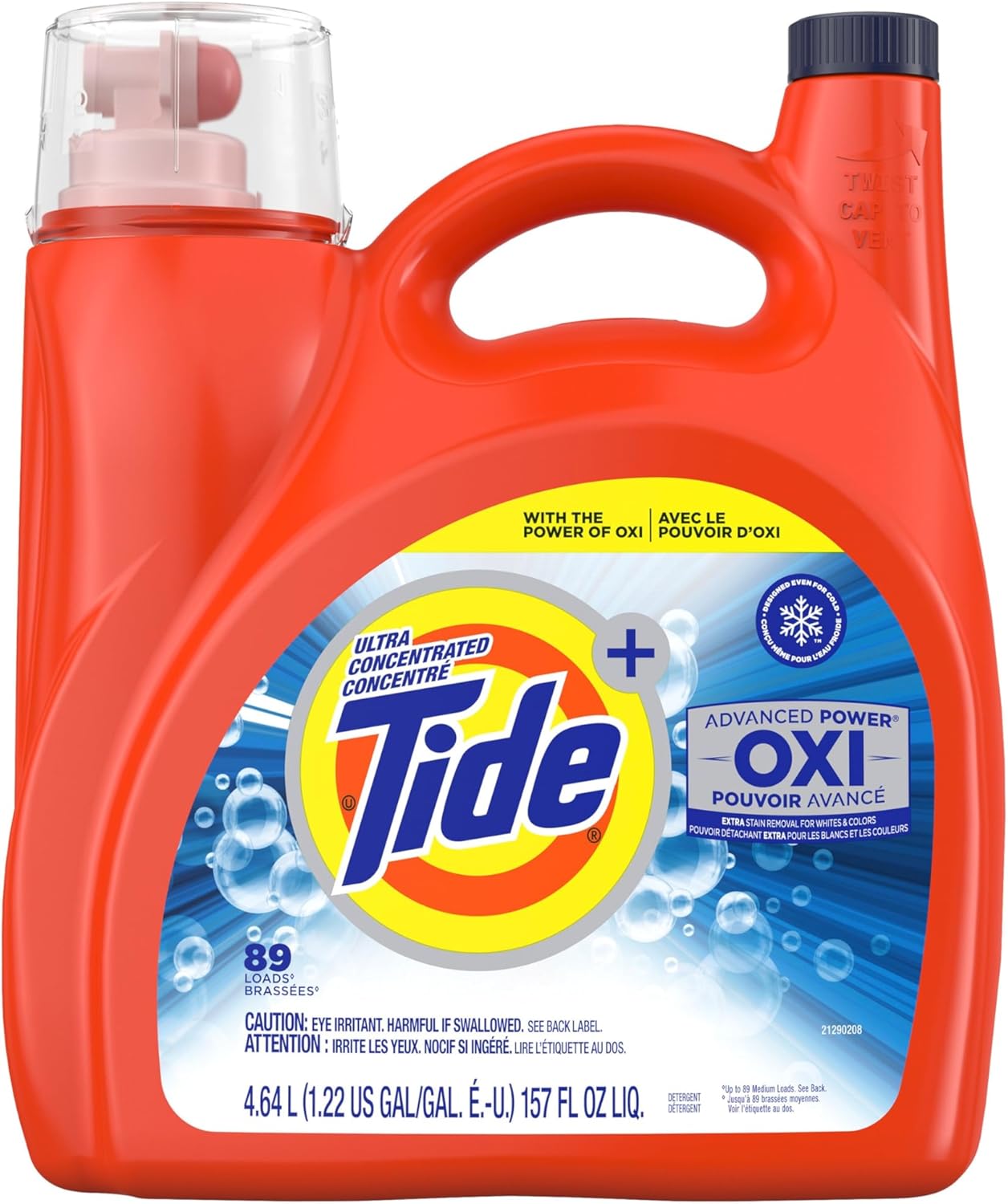 Tide Oxi + Ultra Advanced Power Ultra Concentrate، با راندمان بالا توربو تمیز، مایع لباسشویی مایع لباسشویی - 89 بار، لکه زدایی اضافی برای سفید و رنگ (4.64 لیتر)