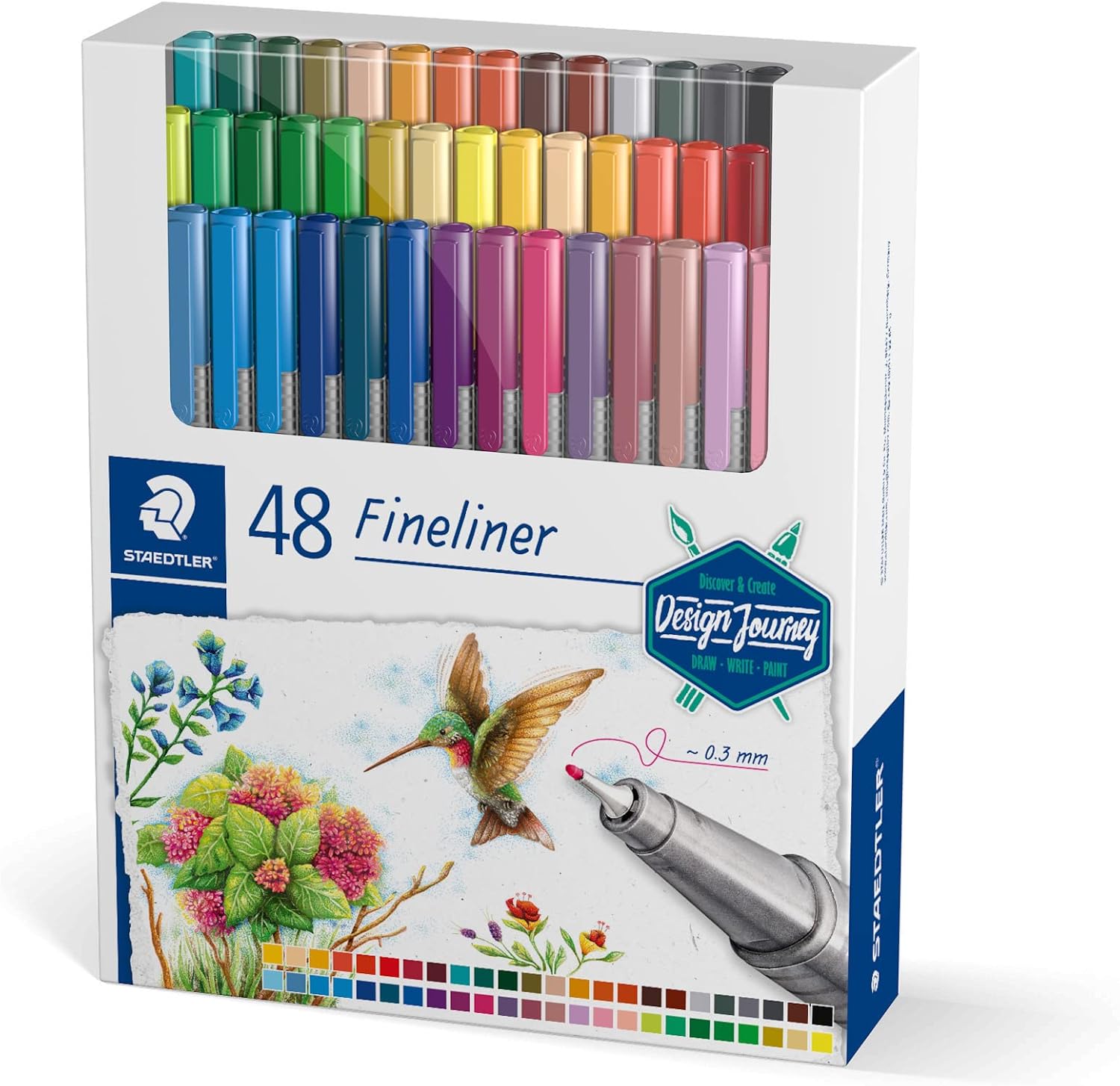 STAEDTLER Triplus Design Journey 334 قلم Fineliner C48-C شفت مثلثی ارگونومیک با روکش فلزی 0.3 میلی متری نوک با ماندگاری طولانی 48 Fineliners در رنگ های متنوع در جعبه مقوایی