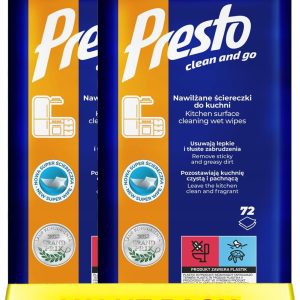 دستمال مرطوب تمیز کننده آشپزخانه Presto | 2-in-1 Wipe + Liquid | فرمول فعال | حذف آلودگی های چسبنده و چرب | برگ های آشپزخانه تمیز و خوشبو | 144 دستمال مرطوب (بسته 2 عددی، چند رنگ، رایحه شاداب کننده)