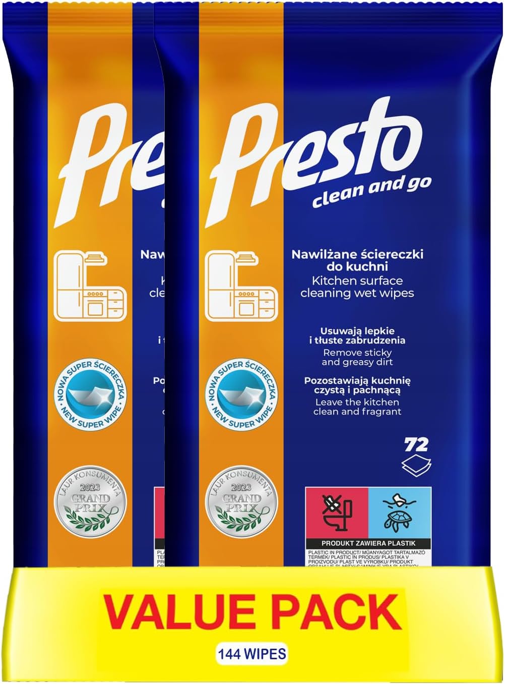 دستمال مرطوب تمیز کننده آشپزخانه Presto | 2-in-1 Wipe + Liquid | فرمول فعال | حذف آلودگی های چسبنده و چرب | برگ های آشپزخانه تمیز و خوشبو | 144 دستمال مرطوب (بسته 2 عددی، چند رنگ، رایحه شاداب کننده)