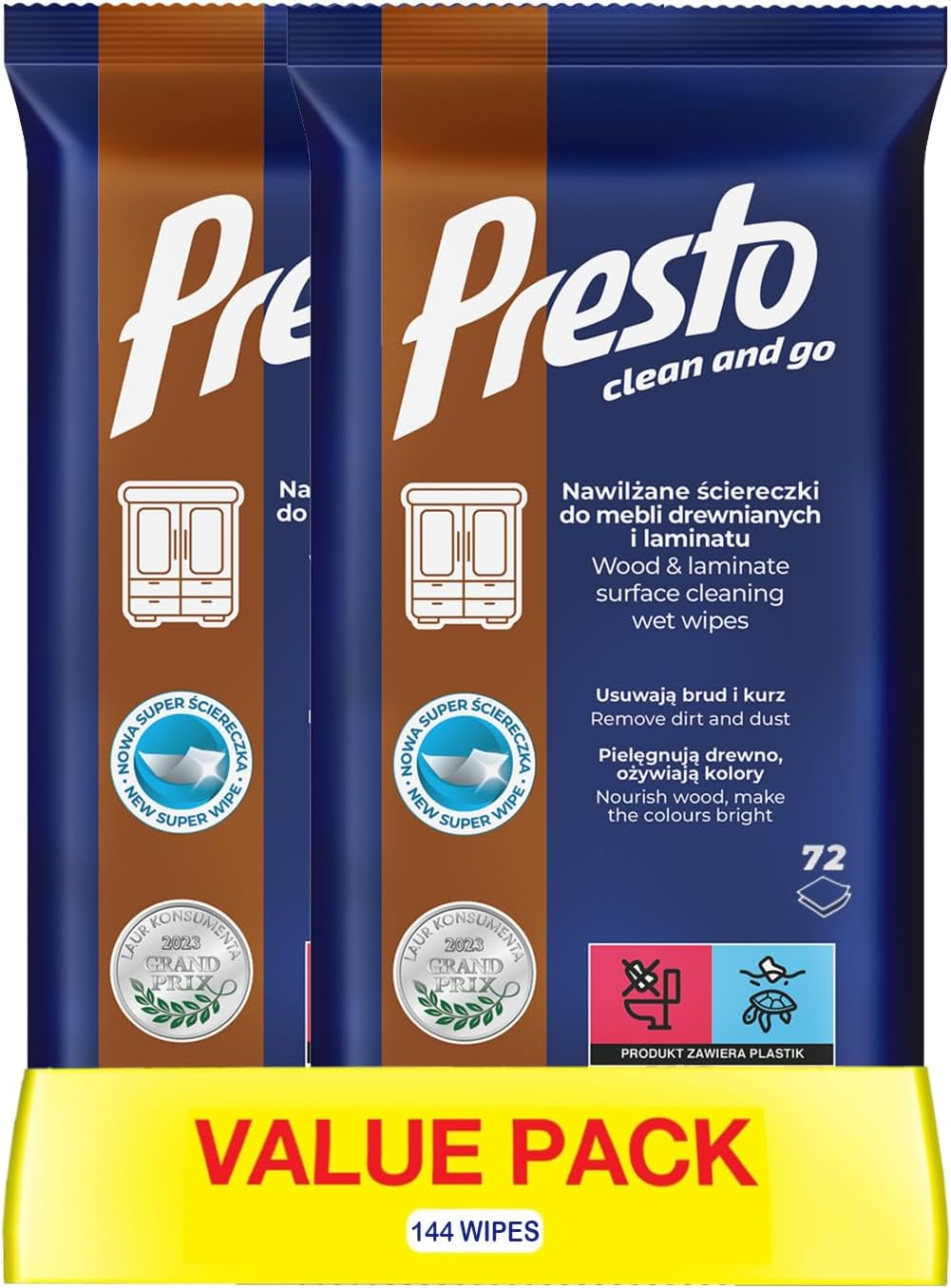 دستمال مرطوب پرستو برای مبلمان چوبی | 2 در 1 پاک + مایع | فرمول روغن مراقبت | حذف کثیفی، تغذیه کننده چوب، روشن کردن رنگ ها | 72 دستمال مرطوب (بسته 2 عددی، 144 دستمال مرطوب)