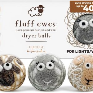 توپ های خشک کن پشمی پریمیوم Fluff Ewes با قابلیت استفاده مجدد برای لباس های شسته شده، جایگزین ضد الکتریسیته ساکن برای نرم کننده پارچه مایع، توپ های خشک کن پلاستیکی یا ورق های خشک کن، چراغ ها، مجموعه 3 بسته