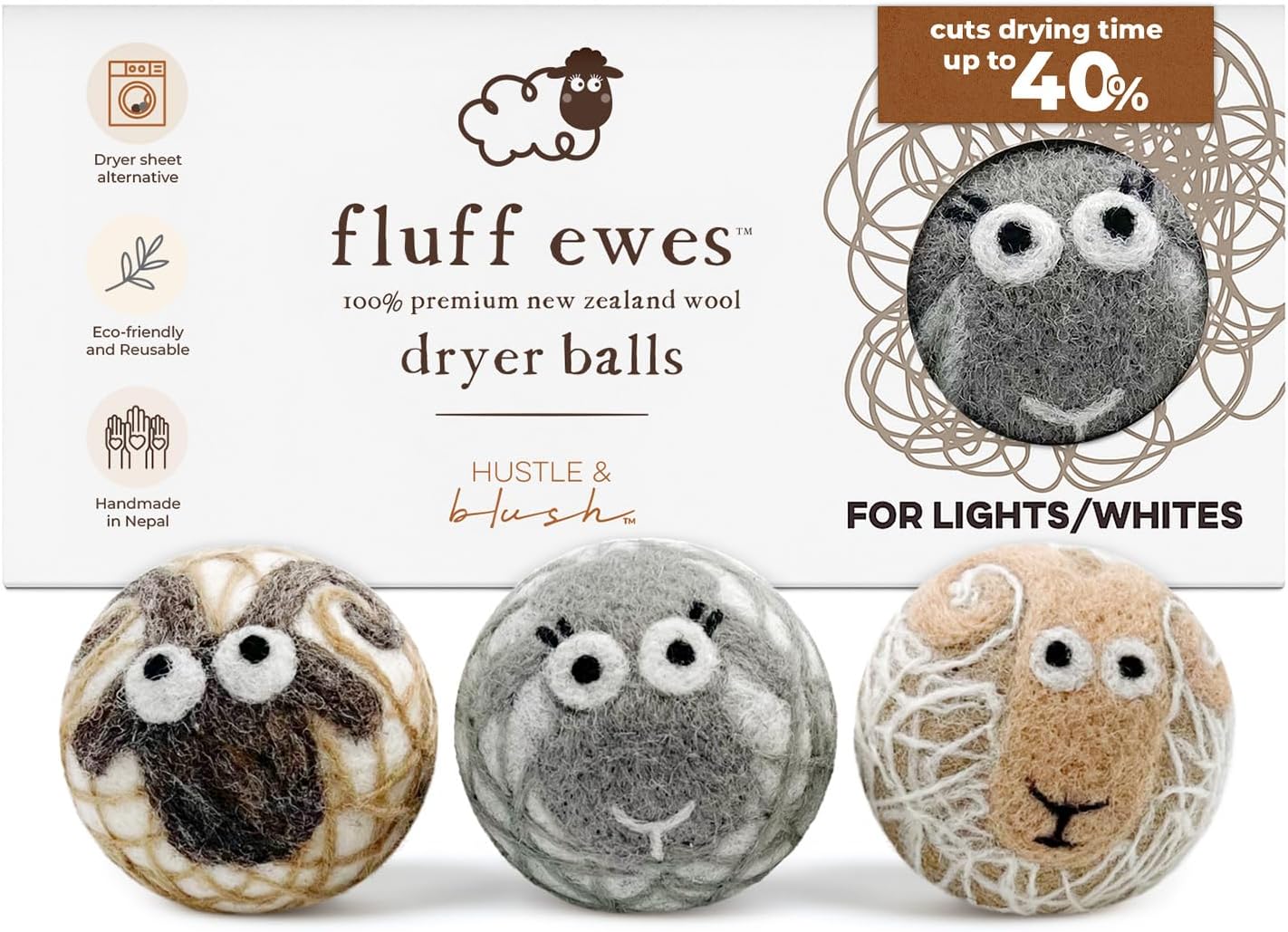 توپ های خشک کن پشمی پریمیوم Fluff Ewes با قابلیت استفاده مجدد برای لباس های شسته شده، جایگزین ضد الکتریسیته ساکن برای نرم کننده پارچه مایع، توپ های خشک کن پلاستیکی یا ورق های خشک کن، چراغ ها، مجموعه 3 بسته