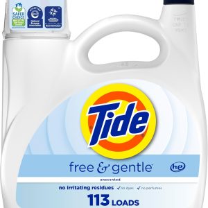 شوینده مایع لباسشویی Tide Free & Gentle، 113 بار، 149 اونس، شوینده لباسشویی تاید، شوینده لباسشویی تمیز، بدون رنگ و عطر، فرمول ضد حساسیت، ملایم برای پوست های حساس