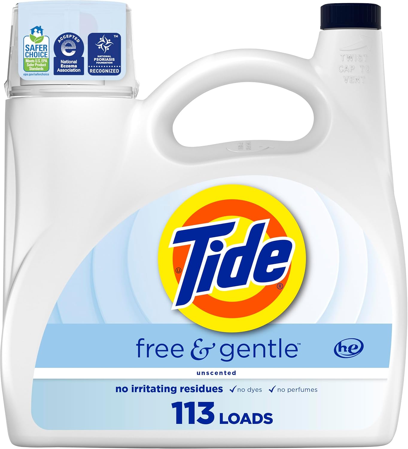 شوینده مایع لباسشویی Tide Free & Gentle، 113 بار، 149 اونس، شوینده لباسشویی تاید، شوینده لباسشویی تمیز، بدون رنگ و عطر، فرمول ضد حساسیت، ملایم برای پوست های حساس