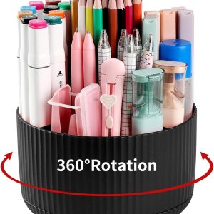 جا مدادی رومیزی، 5 شیار، سازمان دهنده مداد چرخشی 360 درجه برای میز، سازماندهی لوازم التحریر ذخیره سازی رومیزی، قابلمه مدادی زیبا برای دفتر، مدرسه، خانه، لوازم هنری، مشکی
