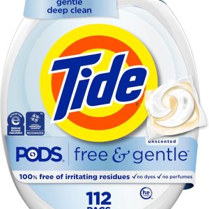 پاکت های صابون شوینده لباسشویی ملایم و رایگان Tide PODS، 112 عدد، شوینده لباس های ضد حساسیت بدون عطر برای پوست های حساس