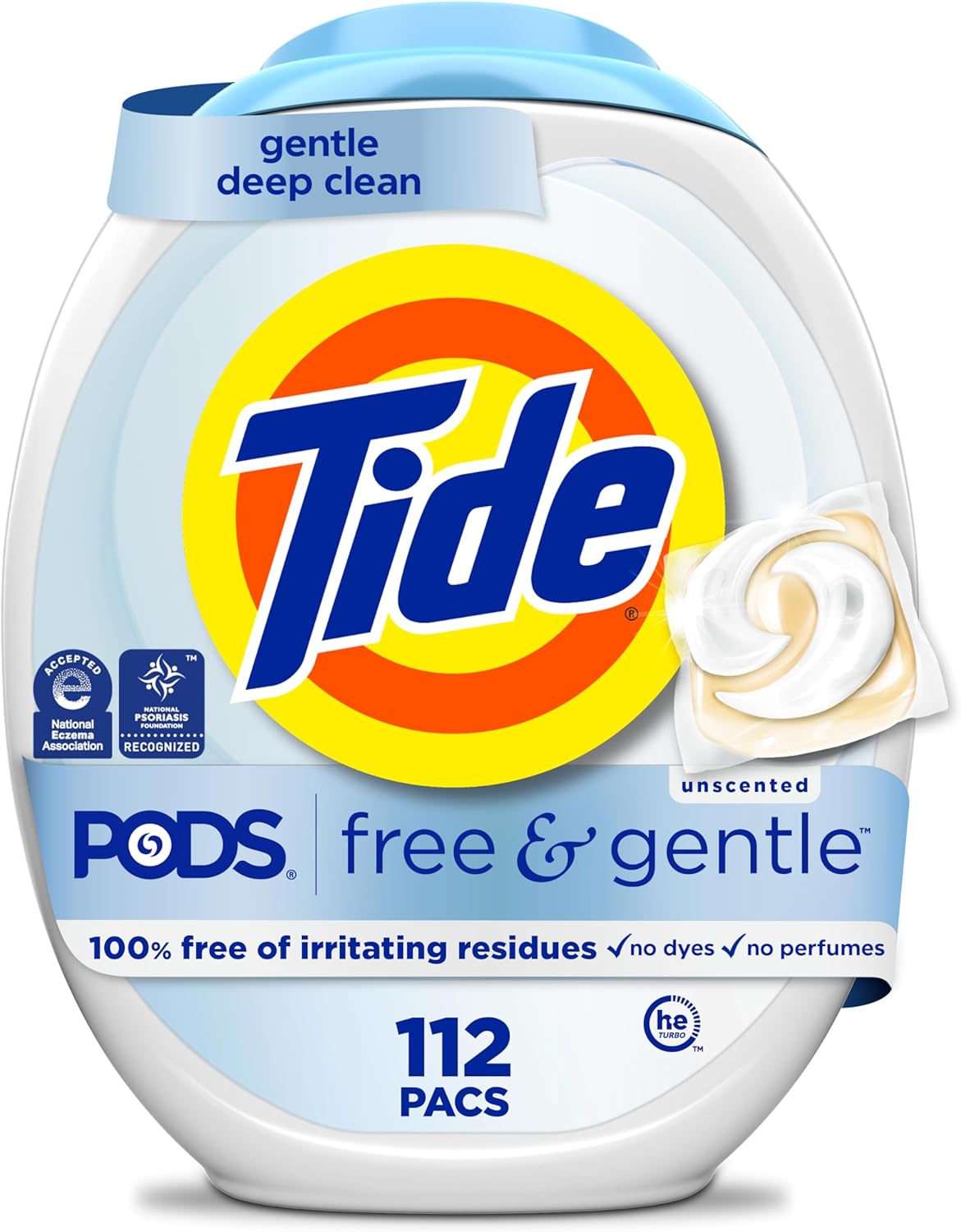پاکت های صابون شوینده لباسشویی ملایم و رایگان Tide PODS، 112 عدد، شوینده لباس های ضد حساسیت بدون عطر برای پوست های حساس