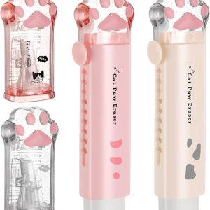 4 عدد لوازم مدرسه Cute Cat Paw Kawaii – مداد تراش و پاک کن جمع شونده Cat Paw – مداد تراش Kawaii برای کودکان، دفتر، مدرسه، خانه (سفید، صورتی)