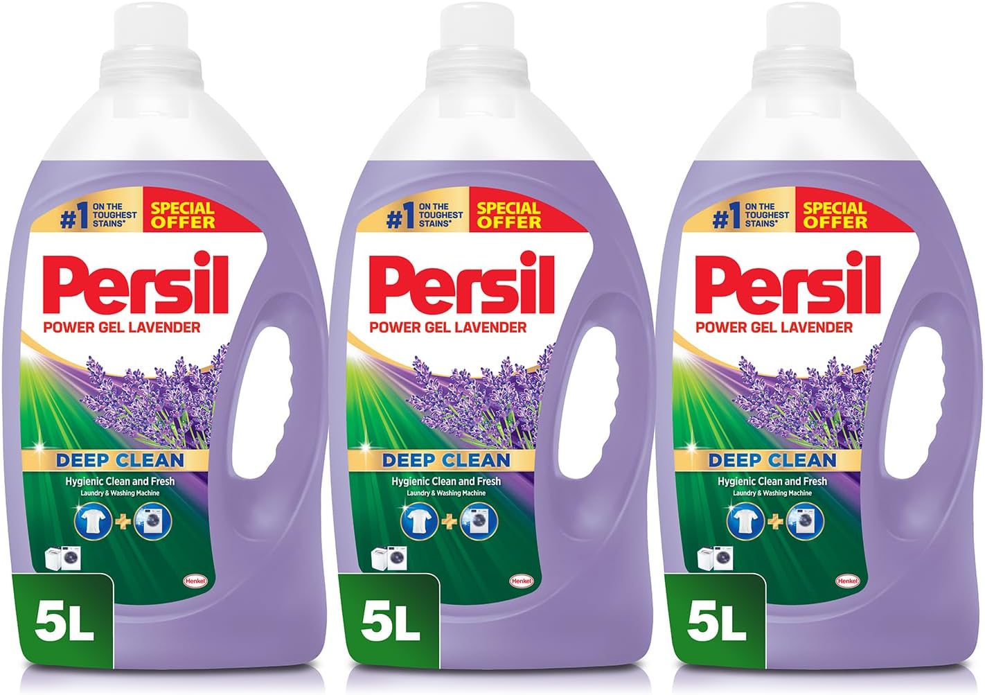 شوینده مایع لباسشویی ژل پاور Persil، با فناوری Deep Clean، اسطوخودوس، بسته سه عددی، 3x5L = 15L [اختصاصی آمازون]