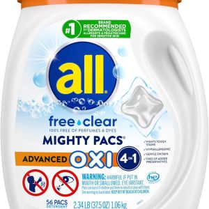 شوینده لباسشویی All Mighty Pacs با لکهبرها و سفیدکنندههای Oxi، شفاف رایگان، وان، تعداد 56