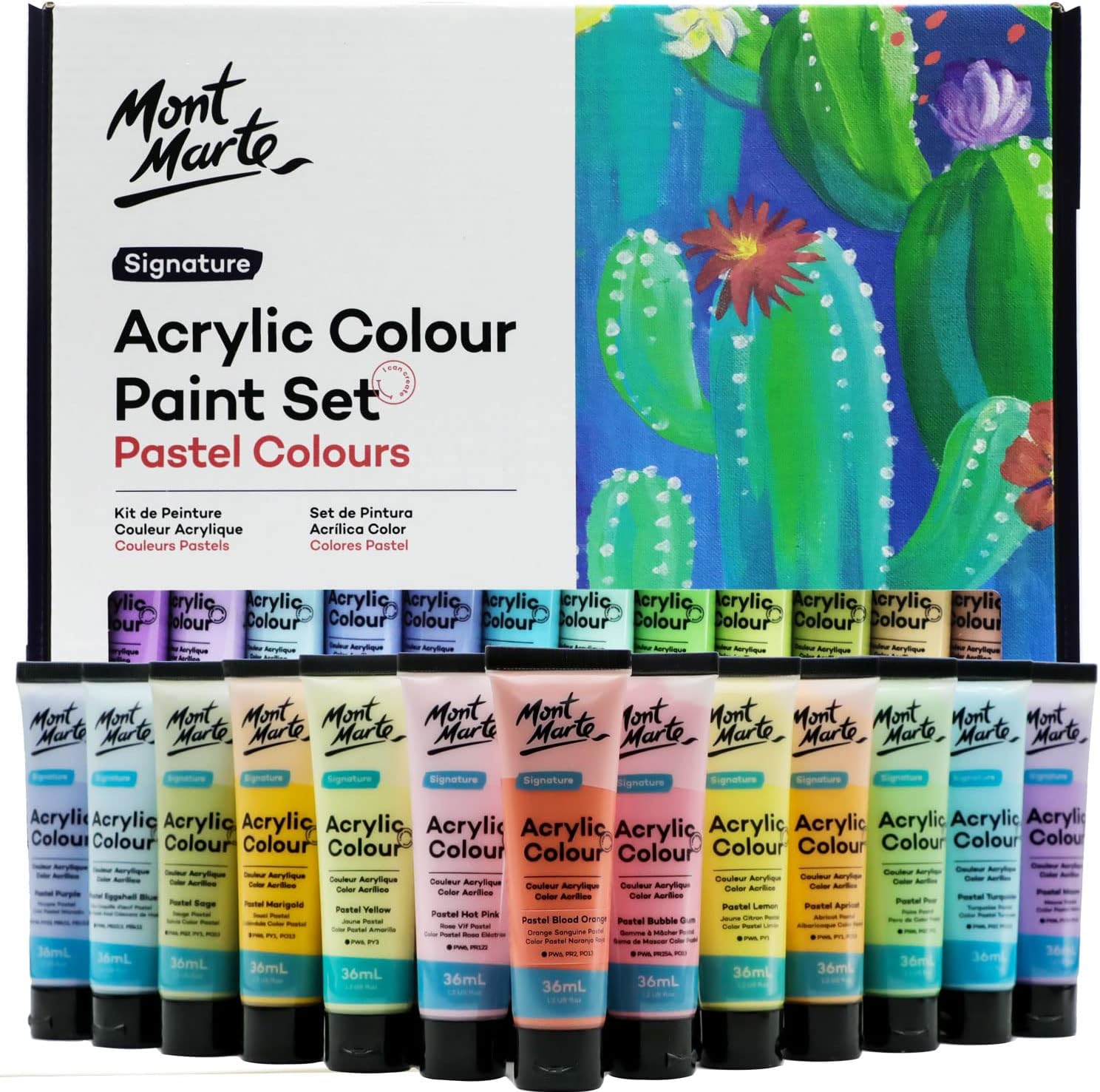 ست رنگ پاستلی اکریلیک رنگی MONT MARTE 24 pc x 36ml (1.2 اونس آمریکا)، ست رنگ اکریلیک پاستلی کرمی، پوشش دهی خوب، پوشش نیمه مات، ایده آل برای اکثر سطوح هنری و صنایع دستی.
