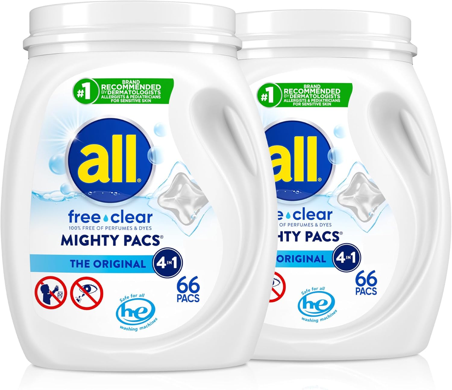 همه Mighty Pacs با مواد شوینده بدون رنگکننده، پاککننده رایگان برای پوستهای حساس، 66 عدد - (بسته 2 عددی)