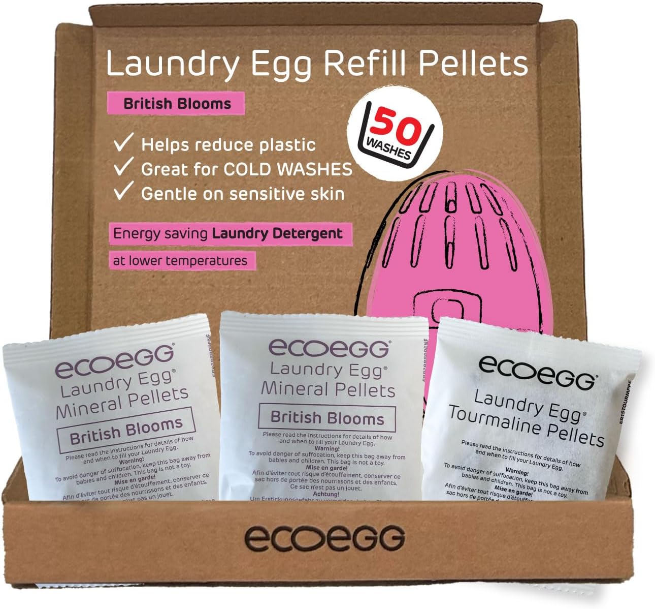 گلوله های پر کننده مجدد تخم مرغ خشکشویی Ecoegg | تعویض مواد شوینده و نرم کننده پارچه | غیر زیستی و بدون آنزیم، سفید کننده های کلر، فسفات ها، پارابن ها، SLS/SLES یا روغن نخل | 50 شستشو | بلوم بریتانیایی