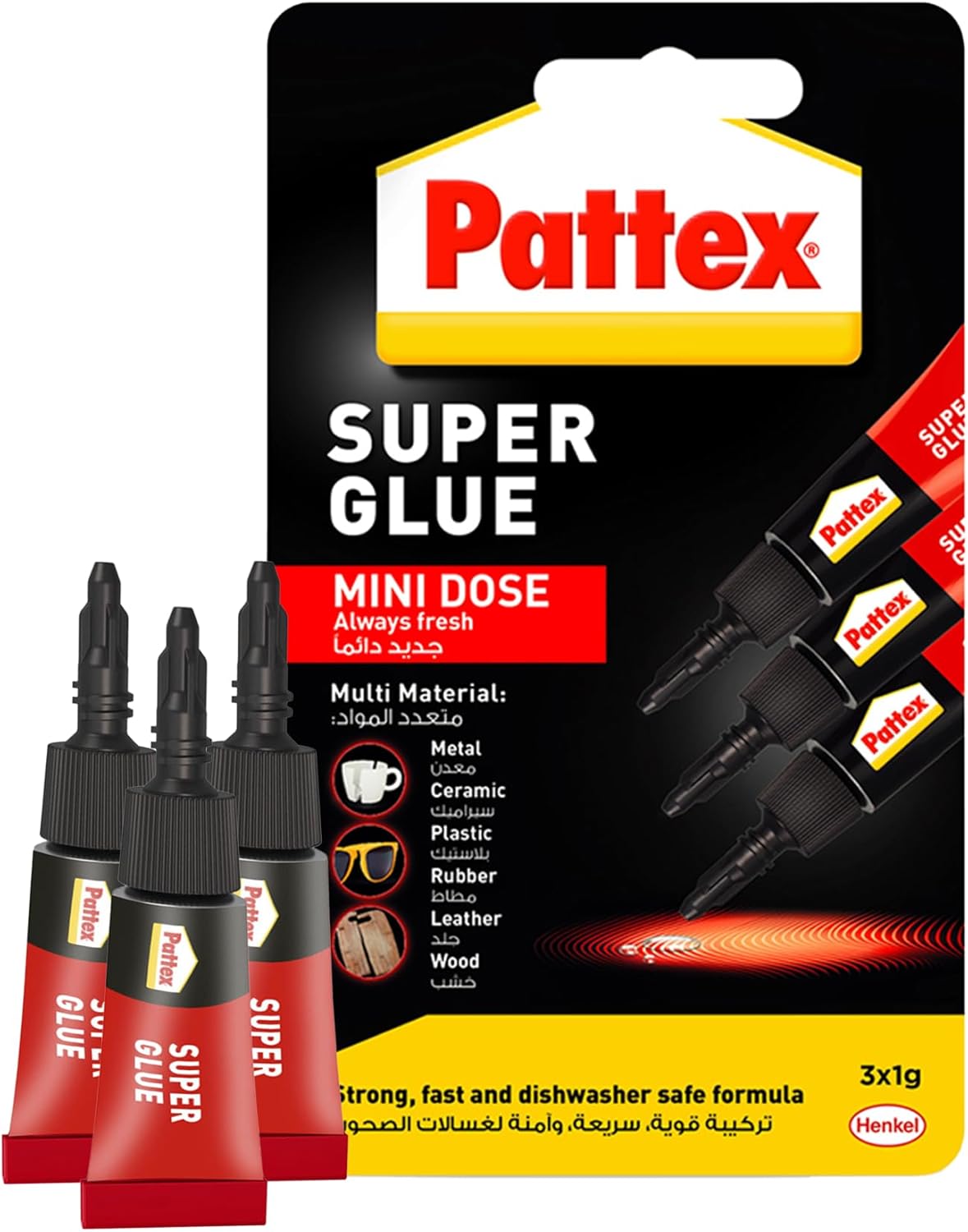Pattex Super Glue Mini Dose، چسب همه منظوره قوی برای تعمیر، چسب فوق العاده فوری فوری، 3X1G برای استفاده آسان