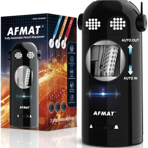 مداد تراش برقی AFMAT تمام اتوماتیک، مداد تراش های رنگی برای مدادهای 7 تا 11.5 میلی متری، ربات تیز کن هندزفری قابل شارژ برای کلاس درس، خانه، اداره، باتری دار، PSX5EW، مشکی