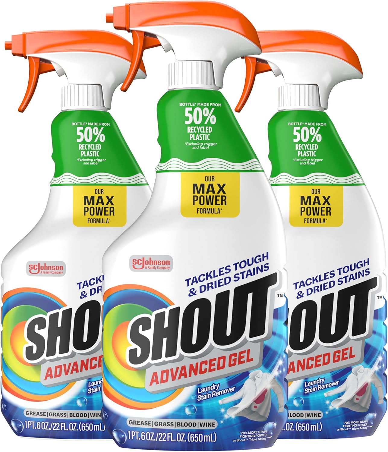 ژل پاک کننده لکه بر روی شستشو و اسپری پیشرفته Shout، بهترین فرمول شاوت، 22 اونس - بسته 3 عددی