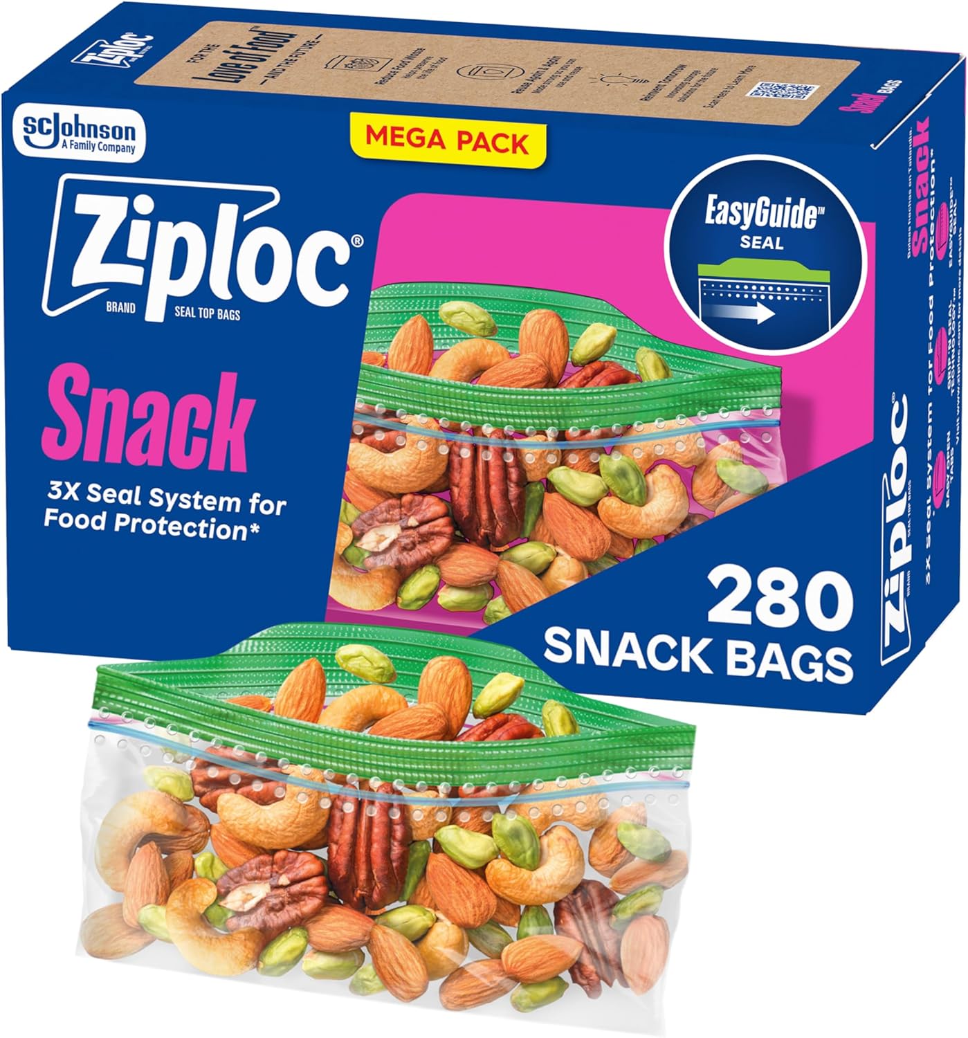 کیسههای اسنک Ziploc برای تازگی در حرکت، فناوری Grip 'n Seal برای گرفتن آسانتر، باز کردن و بستن، تعداد 280