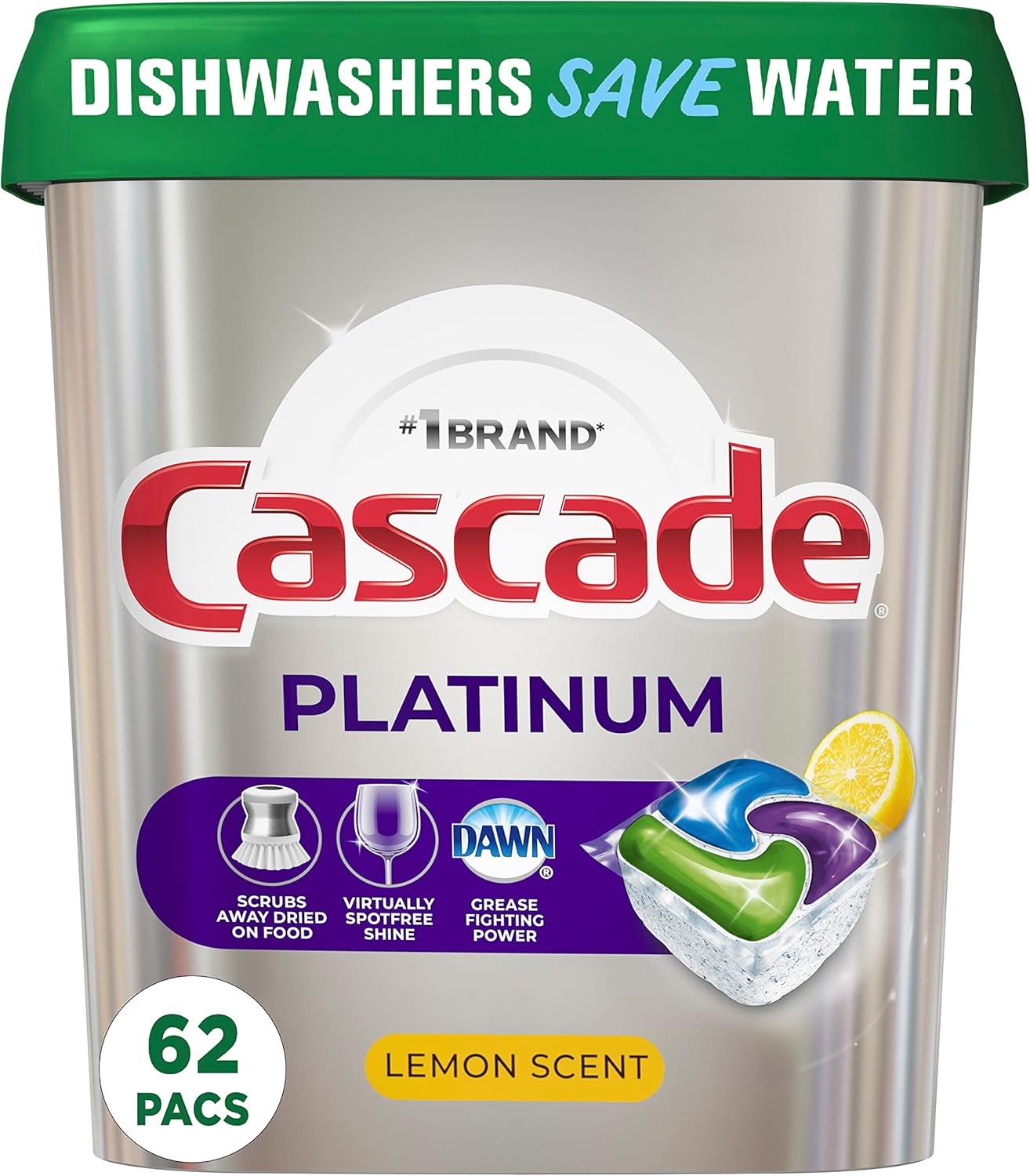 غلاف ماشین ظرفشویی پلاتینیوم Cascade، مواد شوینده ماشین ظرفشویی ActionPacs، لیمو، 62 عدد