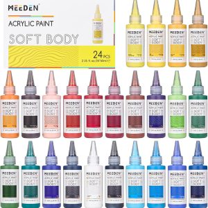 ست رنگ اکریلیک بدن نرم MEEDEN: پوشش مات 24 رنگ x 60ml/2oz رنگ اکریلیک مایع ممتاز برای نقاشی هنری روی شیشه چوب بوم برای دانش آموزان بزرگسال هنرمندان