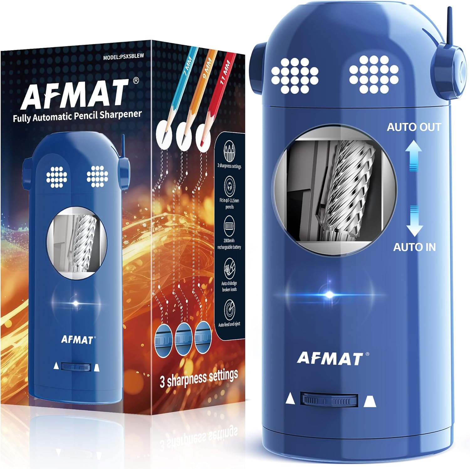 مداد تراش برقی AFMAT تمام اتوماتیک، مداد تراش های رنگی برای مدادهای 7 تا 11.5 میلی متری، ربات تیز کن هندزفری قابل شارژ برای کلاس درس، خانه، اداره، باتری دار، PSX5EW، آبی
