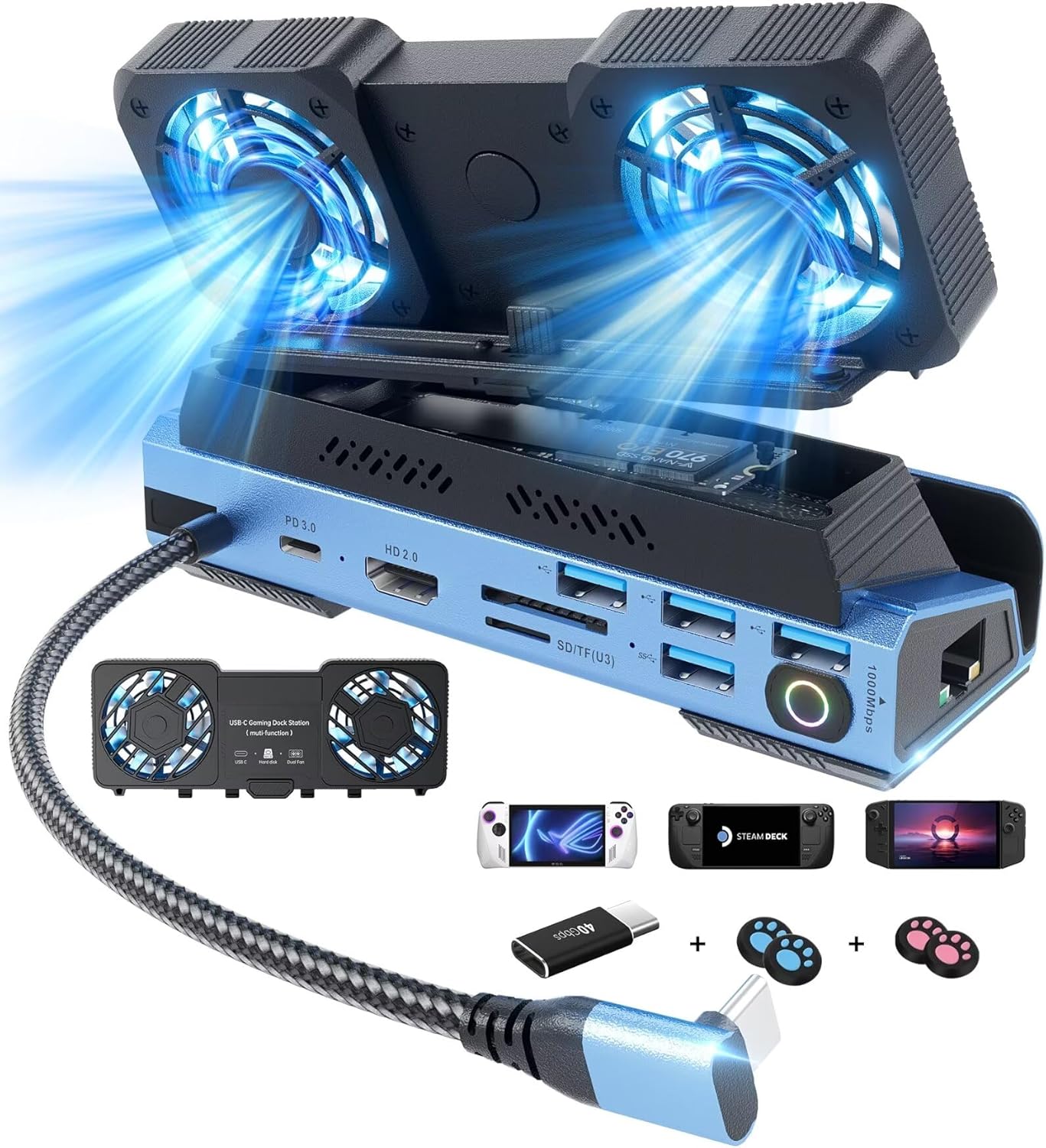 YCE 14 in 1 Dismontling Cooling Fans Steam Deck Station با محفظه M.2 NVMe، 4K@60Hz، 1000 مگابایت اترنت، SD/TF، 4 USB A، آداپتور شارژ 40 گیگابیت بر ثانیه PD برای Steam Deck/Rog Ally/Leswitch