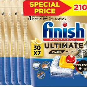 قرص ماشین ظرفشویی Finish Ultimate Plus، رایحه لیمو، قدرت پاک کنندگی 3 برابری، 210 زبانه
