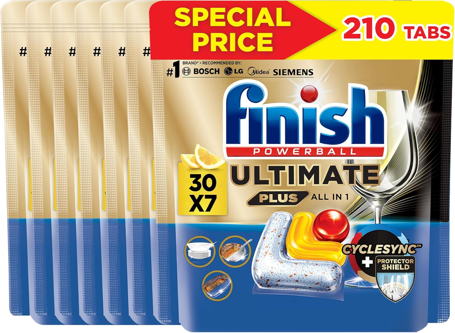 قرص ماشین ظرفشویی Finish Ultimate Plus، رایحه لیمو، قدرت پاک کنندگی 3 برابری، 210 زبانه