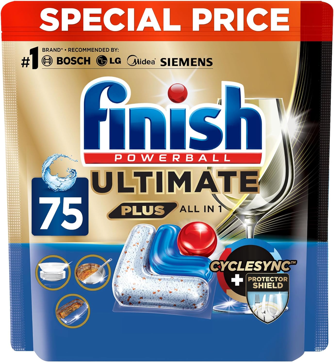 قرص ماشین ظرفشویی Finish Ultimate Plus، رایحه لیمو، قدرت پاک کنندگی 3 برابری، 75 زبانه