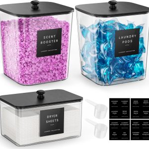 ظرف غلاف لباسشویی Moforoco 3 Pack، ظروف سازماندهی اتاق لباسشویی شفاف، محل نگهداری پودر شوینده بزرگ، درب و برچسب چوبی مشکی، نگهدارنده غلاف اکریلیک