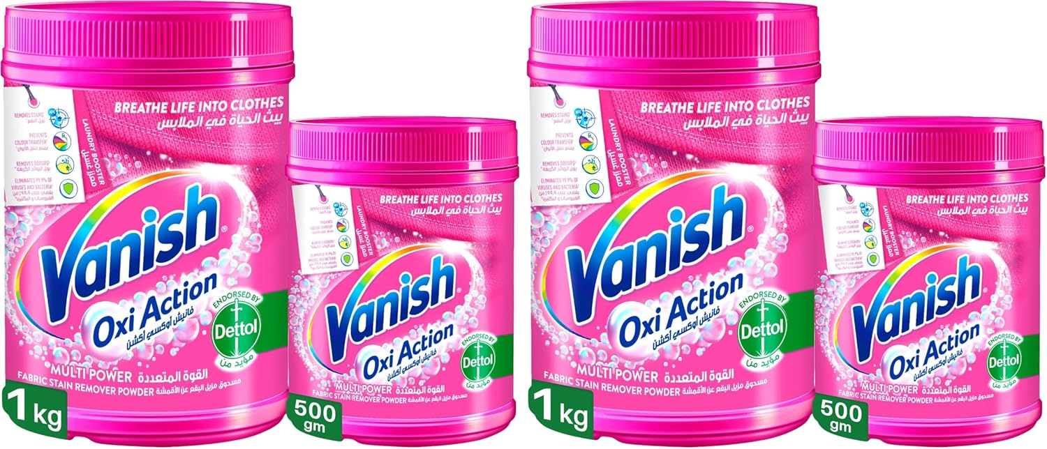 پودر لکه بر پارچه Vanish Oxi Action 1 کیلوگرم + 500 گرم لباس رنگی و سفید (بسته 2 عددی)