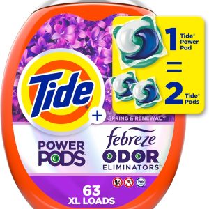 کپسول صابون لباس تاید پاور پاد با رایحه Febreze، 63 Count Spring و Renewal, Febreze Freshness با حذف کننده بو