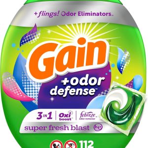 پاکت های صابون شوینده لباسشویی Gain Flings با محافظت از بو، رایحه فوق العاده تازه، 112 عدد، غلاف لباسشویی 3 در 1 با Febreze و Oxi