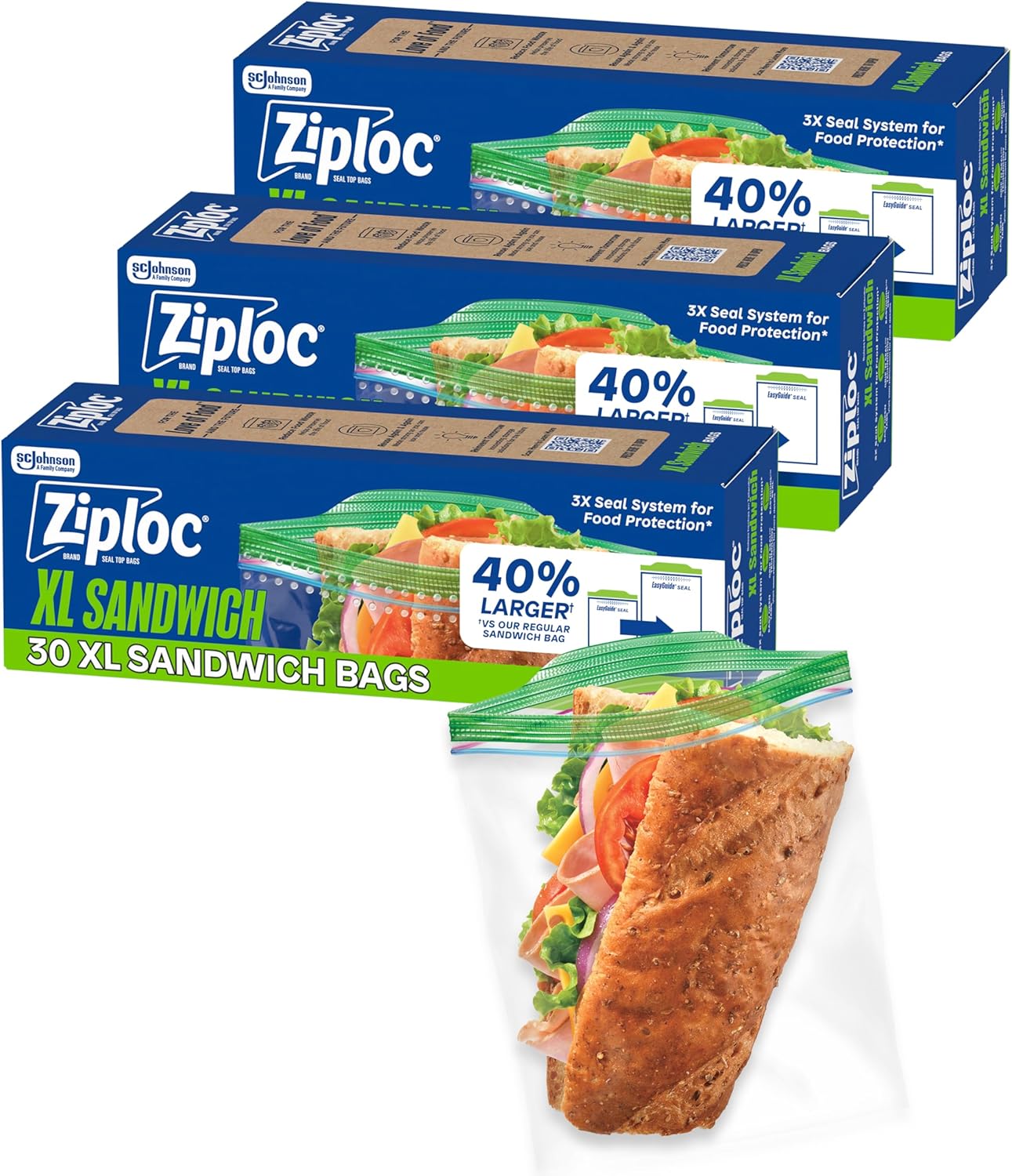 کیسههای ساندویچ و اسنک Ziploc برای تازگی، فناوری Grip'n Seal برای گرفتن آسانتر، باز کردن و بستن، 30 عدد (بسته 3 عددی)