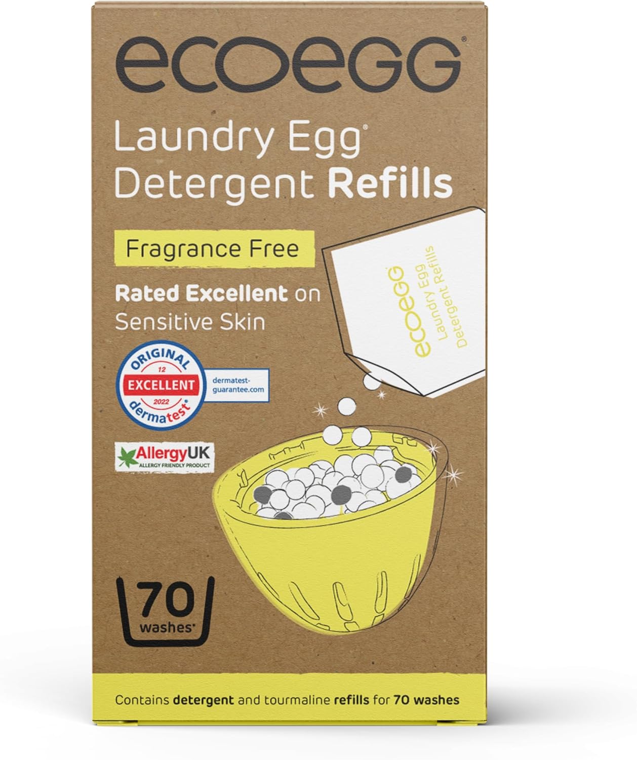 گلولههای پرکننده مجدد تخممرغ شستشوی Ecoegg، 70 Wash بدون عطر، بدون آنزیم، بدون فسفات، بدون سفید کنندههای کلر