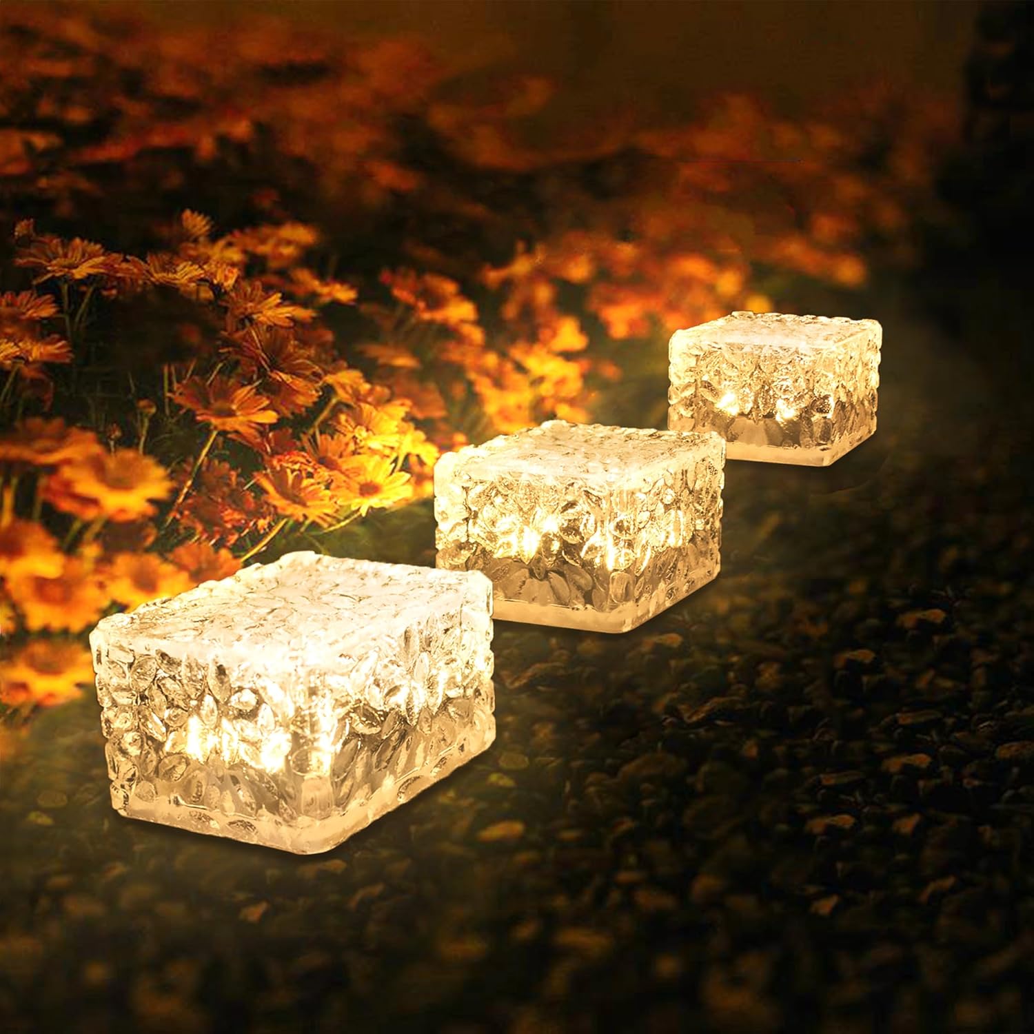 چراغهای خورشیدی بیرونی ضدآب، 3 بسته روشنایی LED روشن منظره، دکور نور گذرگاه باغ با مکعبهای یخ در فضای باز برای پیادهروی دکور مهمانی پاسیو حیاط (نور گرم، 8x8x6 سانتیمتر)
