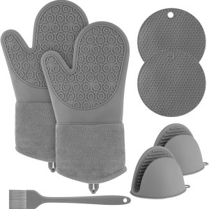 ست دستکش و جا قابلمه پاپوریک، دستکش فر سیلیکونی بسیار بلند، دستکش آشپزخانه ضد آب مقاوم در برابر حرارت، دستکش آشپزخانه با دستکش و برس مینی فر برای پخت و پز BBQ (بسته 7 عددی)