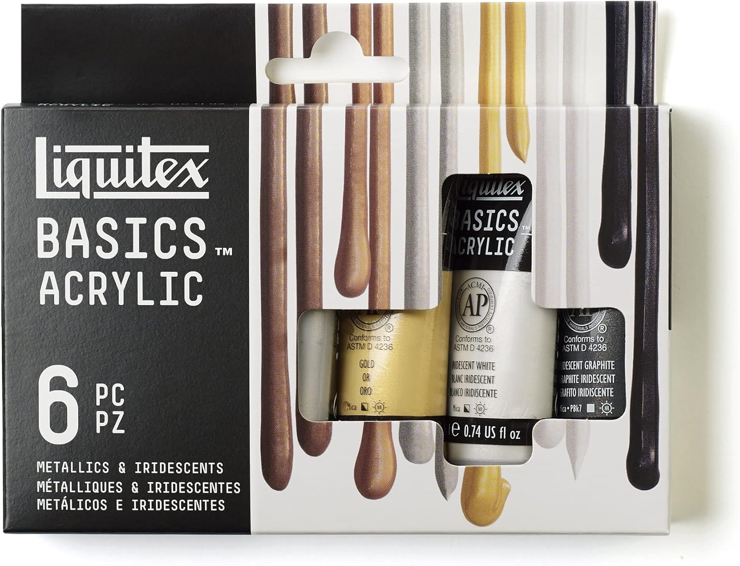 مجموعه رنگ اکریلیک Liquitex Basics 6X22Ml فلزی و ردیف رنگین کمانی، رنگ‌های اکریلیک دارای مقاومت نوری عالی هستند، زرد نمی‌شوند و مقاوم در برابر پیری با روکش براق ابریشمی هستند.