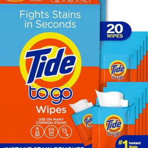 پاک کننده لکه های جزر و مد برای لباس، دستمال مرطوب Tide To Go، پاک کننده فوری لکه برای لباس، سایز مسافرتی و جیبی، 20 عدد