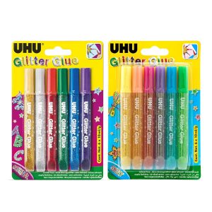 UHU GLITTER GLUE x 2 Value Pack، ORIGINAL + SHINY – 12 رنگ X 10ml، جلوه های زرق و برق فوق العاده درخشان برای صنایع دستی، SLIME، دکوراسیون و طراحی خلاقانه، ایمن – تست شده از نظر پوست