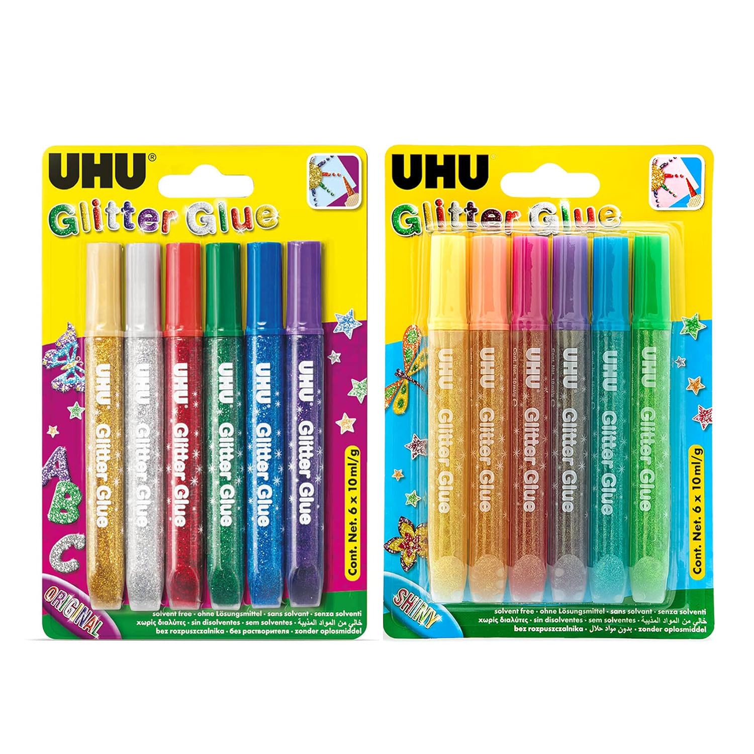 UHU GLITTER GLUE x 2 Value Pack، ORIGINAL + SHINY - 12 رنگ X 10ml، جلوه های زرق و برق فوق العاده درخشان برای صنایع دستی، SLIME، دکوراسیون و طراحی خلاقانه، ایمن - تست شده از نظر پوست