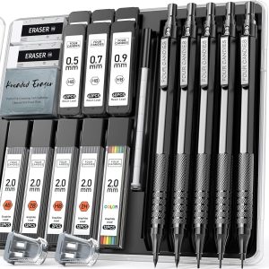 مجموعه مداد مکانیکی فلزی چهار آب نبات، مدادهای طراحی هنری 0.5، 0.7، 0.9 میلیمتری و 2 عددی 2 میلیمتری با سرنخهای 420 عددی (4B 2B HB 2H رنگ) برای نوشتن طرحهای طراحی (سیاه)