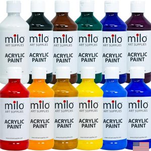 ست رنگ اکریلیک milo 12 رنگ | بطری های 8 اونس | بسته نقاشی اکریلیک رنگهای اولیه دانشجویی | ساخت آمریکا | نقاشی‌های غیرسمی هنر و صنایع دستی برای هنرمندان، کودکان و نقاشان سرگرمی
