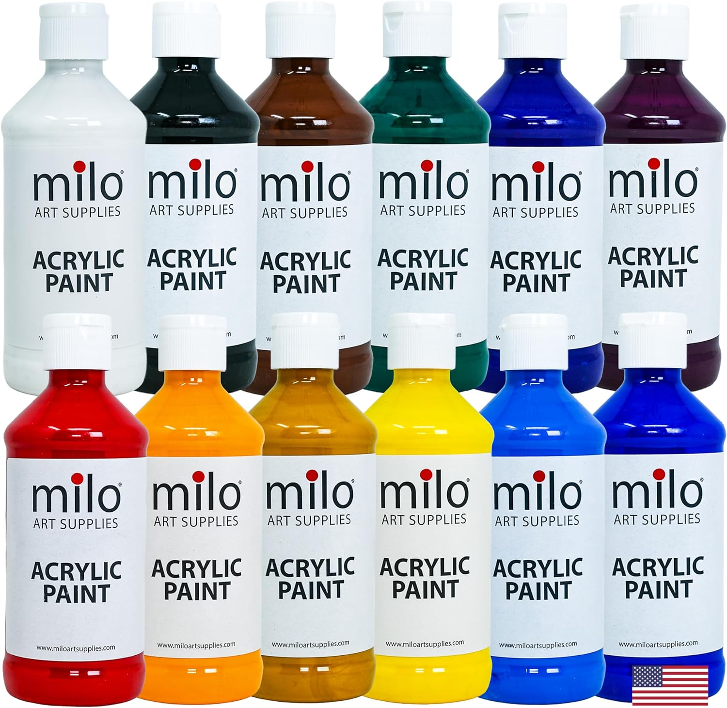 ست رنگ اکریلیک milo 12 رنگ | بطری های 8 اونس | بسته نقاشی اکریلیک رنگهای اولیه دانشجویی | ساخت آمریکا | نقاشیهای غیرسمی هنر و صنایع دستی برای هنرمندان، کودکان و نقاشان سرگرمی